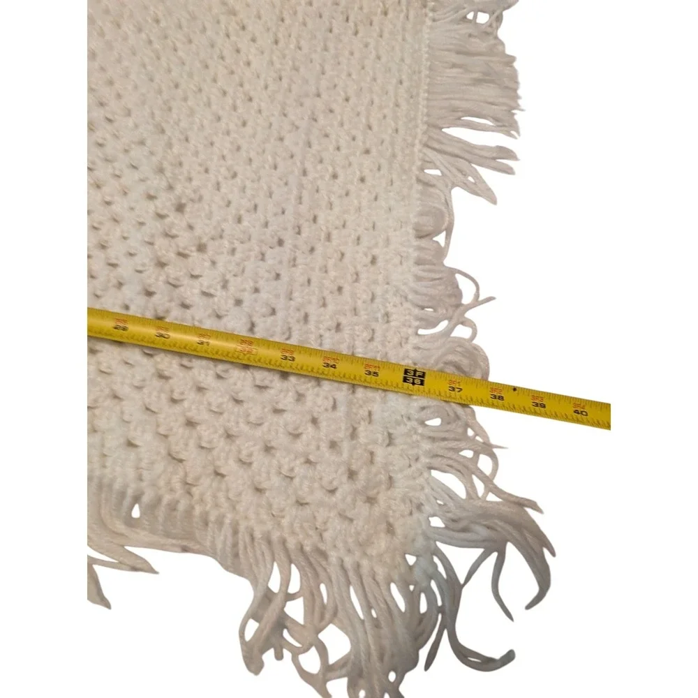 Handmade White Crochet Baby Blanket Fringe Trim Square Nursery Afghan 36x36